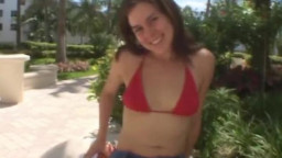 Teen in red bikini top gets naked then gives pov blowjob at hotel.